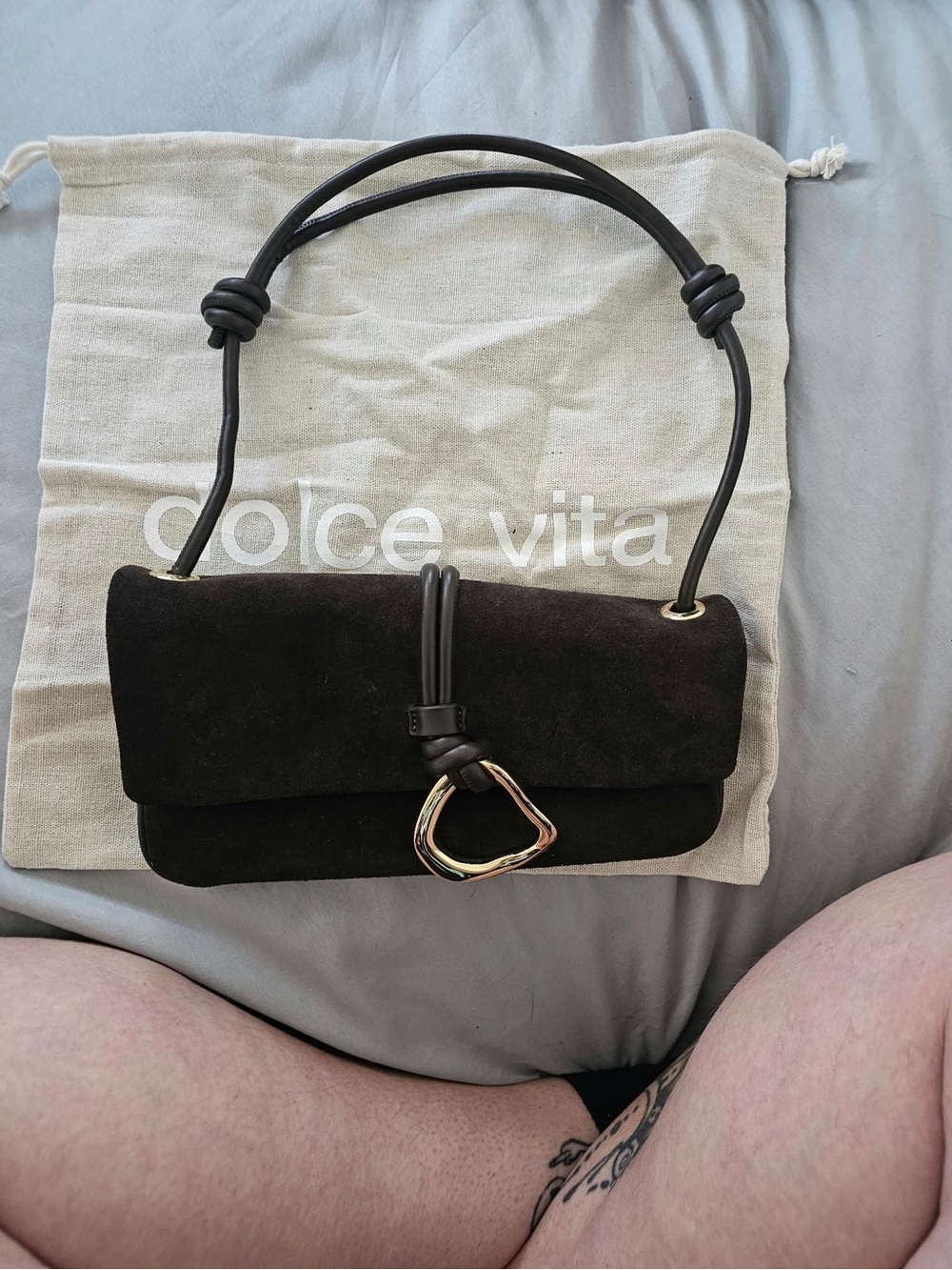 Dolce Vita Dark Brown Suede Shoulder Bag with Knotted Strap and Heart Loop